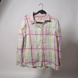 Le Tigre Womens Plaid Button Up Long Sleeve Shirt XL‎ Pink Yellow Blue Green